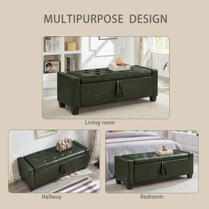 48'' Storage Ottoman Bench Tufted Faux Leather Upholstered Bench Dark Green