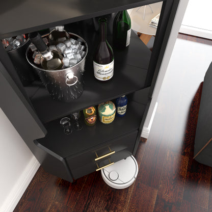 Wooden Corner bar cabinet with 2 open storage shelves and 2 drawers, mirrored back sideboard cabinet, high feet/legs for easy cleaning, buffet cabinet BLACK