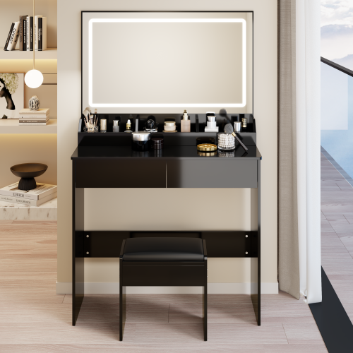 31" x 20" Extra Large LED Mirror Makeup Vanity Table + Soft Cushion Stool Suit, Touch Switch, 3 colors, Adjustable Brightness, Large Capacity Storage, Compact Dressing Table Suitable For Small Space