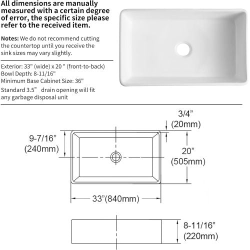 33 inch White Farmhouse Sink, Fireclay Apron Front Farm Kitchen Sinks Farmhouse Ceramic Porcelain Single Bowl Deep Large Capacity Kitchen Sink with Stainless Steel Grid and Strainer