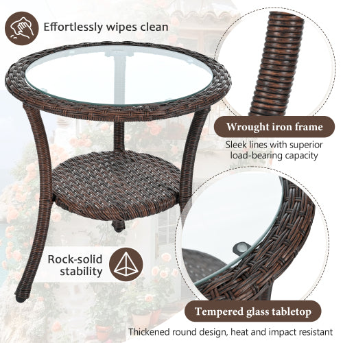 U_STYLE Outdoor Leisure Set, 2 Rattan Single Chairs with A Glass Round Table, Perfectly Suited for Patios, Balconies, and Courtyards