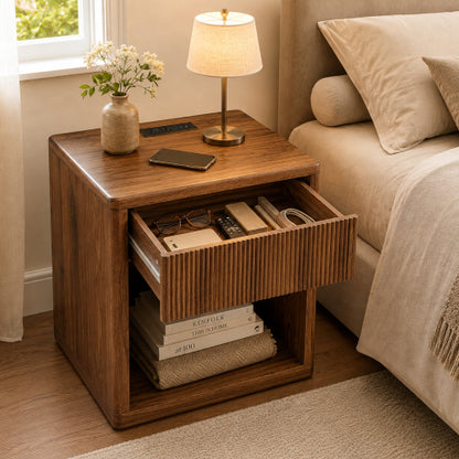 Large Fluted Mid-Century Nightstand, Engineered Wood Bedside Table with Drawer & Open Compartment