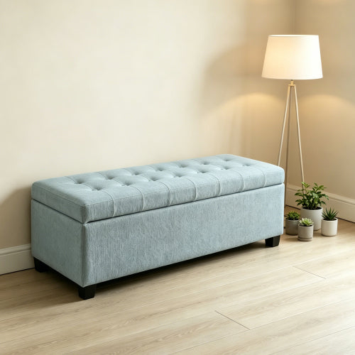 49.75 inch Baby Blue Polyester Tufted Storage Ottoman Bench, 300 LBS Wooden Leg Footrest with Safety Hinge