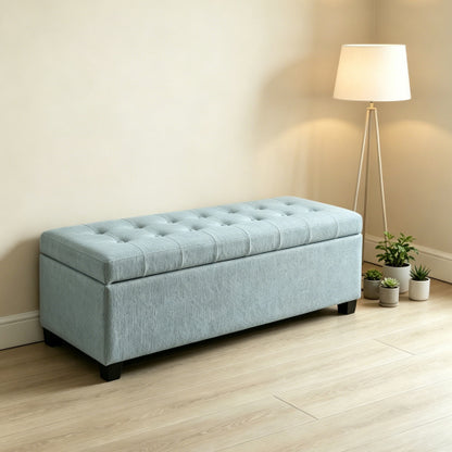 49.75 inch Baby Blue Polyester Tufted Storage Ottoman Bench, 300 LBS Wooden Leg Footrest with Safety Hinge
