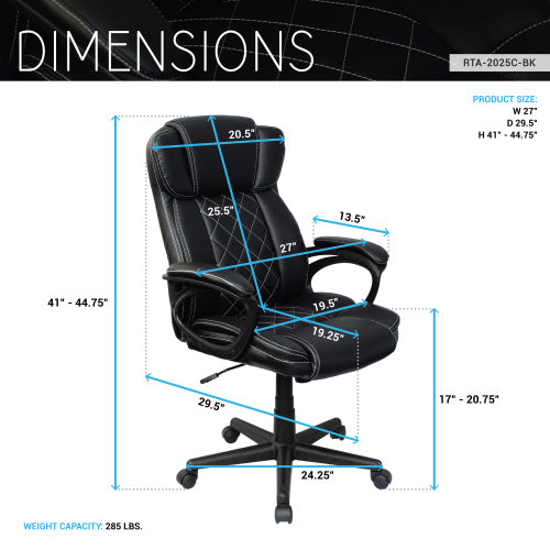 Ergonomic Executive Office Chair High Back Black Faux Leather ¨C Adjustable Height, Lumbar Support, Diamond-Stitched Padding, Swivel Desk Chair w/Armrests & Tilt Recline for Home Office