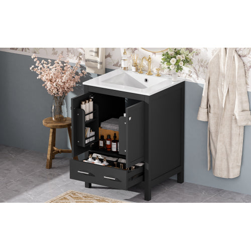 24-inch bathroom vanity with integrated undermount basin and a storage cabinet featuring 2 doors and 1 drawer. Includes double-layer door shelf, soft-close design, and versatile storage solutions