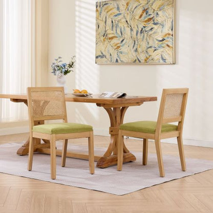 Set of 2 Olive Green Farmhouse Cane Rattan Dining Chairs, Distressed Solid Hardwood Linen Upholstered Side Chairs 300 LBS Capacity