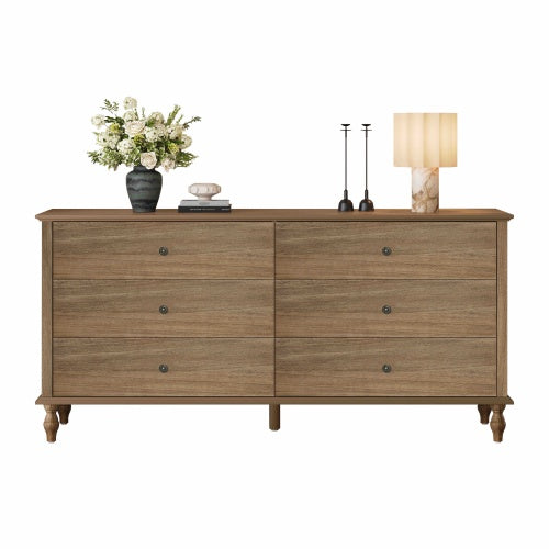 6 Drawer Double Wide Wood Dresser with Soft Close Slides & Burnt Wood Finish Brown
