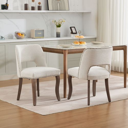 Set of 2 Beige Hollow Curved Enveloping Back Fabric Dining Chairs, Handmade Copper Nail Curved Solid Wood Legs