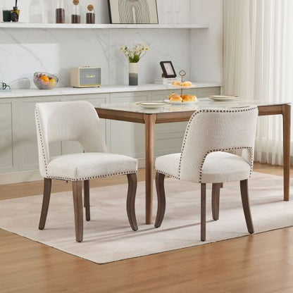 Set of 2 Beige Hollow Curved Enveloping Back Fabric Dining Chairs, Handmade Copper Nail Curved Solid Wood Legs