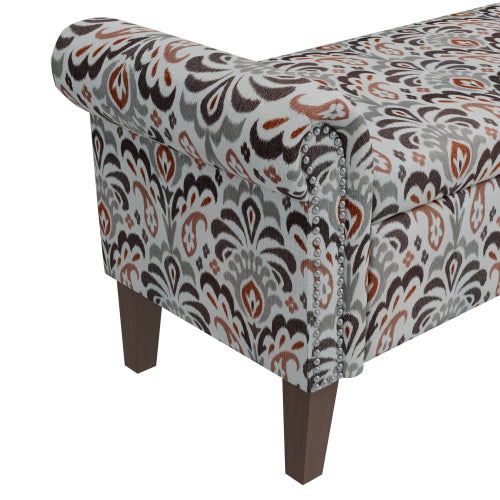 Traditional Rolled Arm Storage Bench Otttoman with Pewter Nailhead Trim in Amber Damask Pattern with Dark Brown Solid Wood Legs
