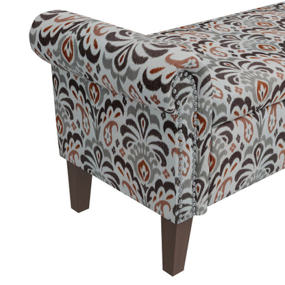 Traditional Rolled Arm Storage Bench Otttoman with Pewter Nailhead Trim in Amber Damask Pattern with Dark Brown Solid Wood Legs