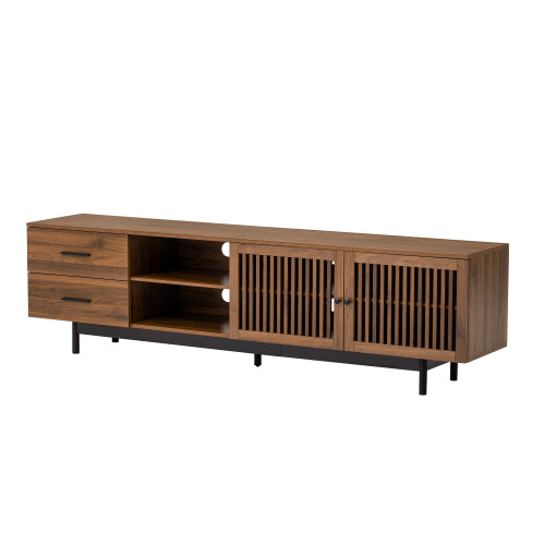 78.7 inch Walnut Slatted Door TV Stand Deep Drawers Solid Rubber Wood Legs Holds 85 inch TV
