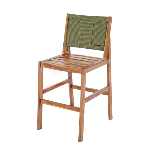 Outdoor Acacia Wood Bar Stools (Set of 2), Teak Finish Bar Height Chairs with Cream Cushion & Green Wicker Back, Counter Height Stools for Patio, Poolside, Kitchen Island