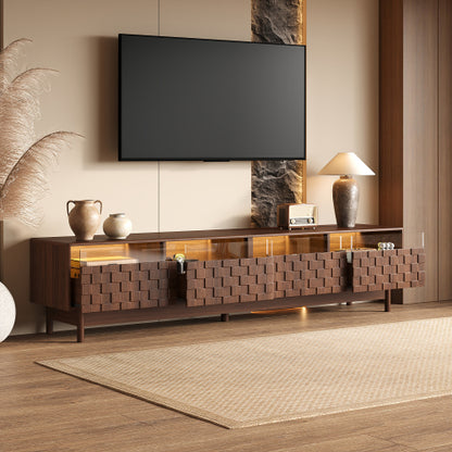 78.7 inch Walnut LED Light Glass Drawer TV Stand Solid Rubber Wood Leg Console Holds 85 inch TV