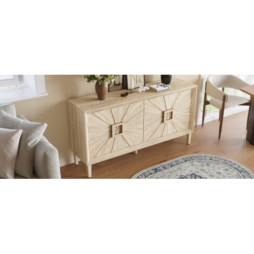 60 Inch American Farmhouse Retro Wooden Credenza Sunburst Pattern Door Adjustable Shelf Heavy-Duty TV Stand