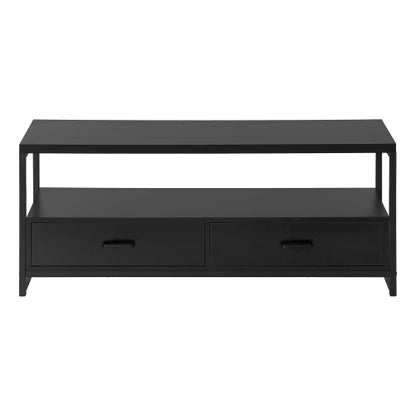 48 Inch Compact Black Metal Frame TV Stand with Dual Open Layers & 2 Storage Drawers