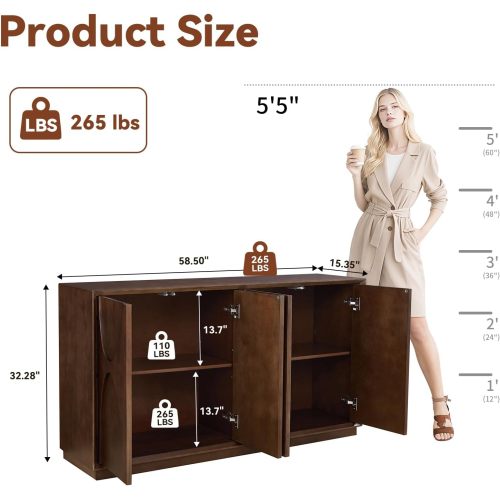 4 Door Accent Cabinet with Carved Wood Doors Adjustable Shelves and Cable Management