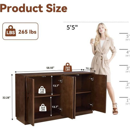 4 Door Accent Cabinet with Carved Wood Doors Adjustable Shelves and Cable Management