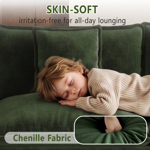 Green Chenille 2-Seat Deep-Seat Modular Sofa with Armrest & Toss Pillows for Living-Room Bedroom Club