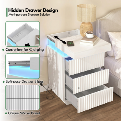 2 Pack White Nightstand, Sliding Top Charging Station & RGB LED Wave Panel Drawers