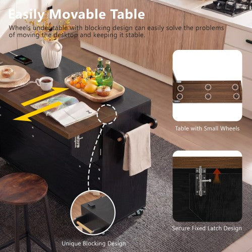 102 Inch Kitchen Island with Extendable Dining Table & Trash Storage Black