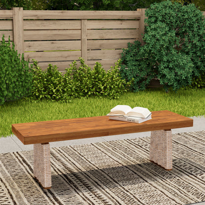 Outdoor 1pcs Acacia Wood Bench,Teak Finish+ Brown Wicker
