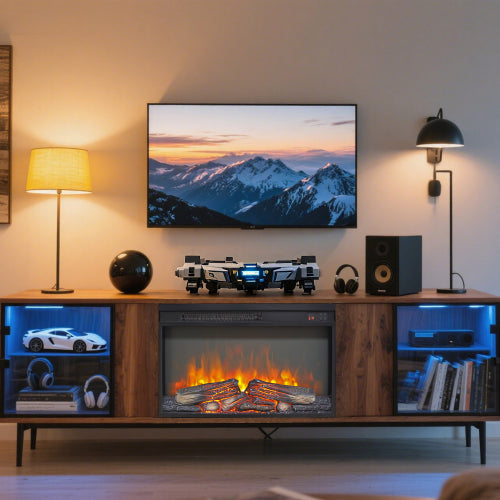 26 inch electric fireplace insert, ultra thin heater with log set & realistic flame, remote control with timer, overheating protection