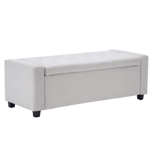 48 inch Beige Faux Linen Tufted Storage Bench, Safety Hinge Armrest Ottoman for Bedroom Entryway Living Room