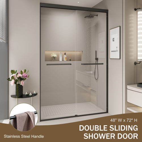 44-48 in. W x 72 in. H Double Sliding Shower Door, Semi-frameless Bypass Bathroom Sliding Door with 1/4" (6mm) Tempered Glass for Walk-in Shower, Matte Black 24D03-48MBX