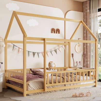 Twin Size Floor Wooden Bed with House Roof Frame, Fence Guardrails,Natural