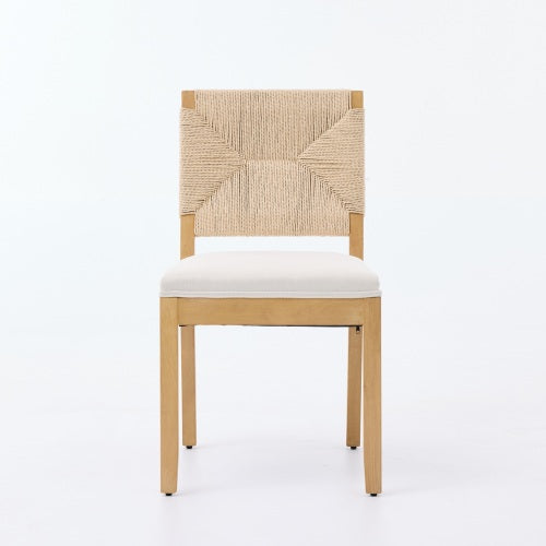 Cane Back Wood Dining Chairs with Linen Cushions, Set of 2, Beige