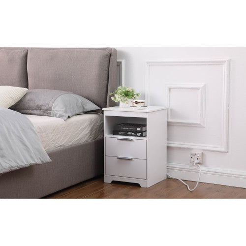 White Wooden Nightstand with Charging Station, 2 Drawers & Open Shelf Modern Side Table