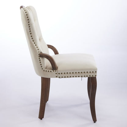 Set of 2 Beige Hand Tufted Velvet Dining Chairs, Solid Wood Handles Vintage Copper Nail Curved Wood Legs