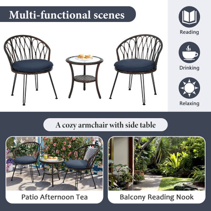 U_STYLE Outdoor Leisure Set, 2 Rattan Single Chairs with A Glass Round Table, Perfectly Suited for Patios, Balconies, and Courtyards