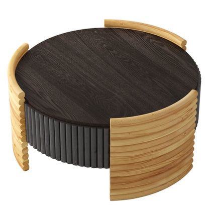 31.5inch  Round Flip-Top Coffee Table, Colorblock Striped MDF with Wood Veneer