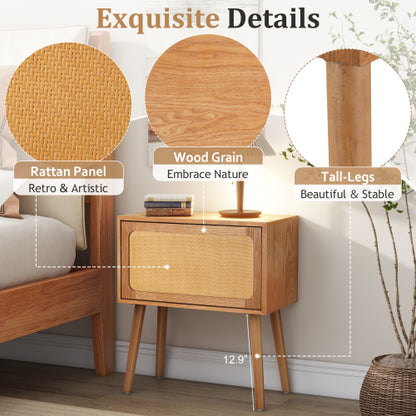 Rotating Hidden Compartment Nightstands, Mid Century Modern Concealment Furniture, Rattan Bed Side Table, Compartment End Table with Wood Legs, Bedside Tables for Bedroom, Living Room, Dorm, Natural