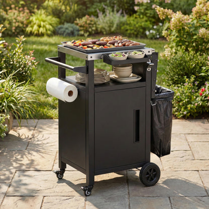 33.9 inch Outdoor Grill Cart with Drop Leaf, Outdoor Metal Bar Cart Pizza Oven Table with Wheels, Stainless Steel Top, Outdoor Kitchen Island with Storage Cabinet & Spice & Paper Rack for BBQ, Waterpr