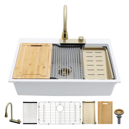 Drop In Waterfall Kitchen Sink - 33" x 22" x 10" White Composite Granite Quartz Single Bowl Workstation kitchen sink with Pull-Down Faucet