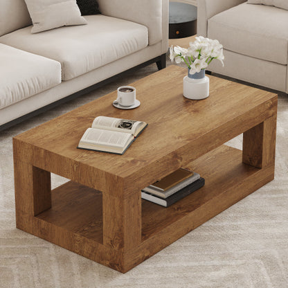 Modern 2-Tier Rectangular Coffee Table MDF Storage Center Table Walnut
