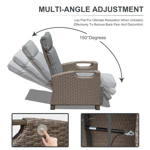Outdoor Recliner Chair, Patio Recliner with Hand-Woven Wicker, Flip Table Push Back, Adjustable Angle, Thickness Cushions, Reclining Lounge Chair for Indoor and Outdoor, Gray