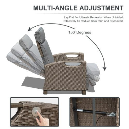 Outdoor Recliner Chair, Patio Recliner with Hand-Woven Wicker, Flip Table Push Back, Adjustable Angle, Thickness Cushions, Reclining Lounge Chair for Indoor and Outdoor, Gray