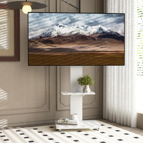 White Mobile TV Cart with Lockable Wheels, Height Adjustable Floor TV Stand for 32-75 Inch TV