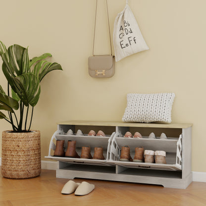 Shoe Storage Bench with 2 Flip Drawers and Adjustable Shelf for Entryway, Hallway, Bedroom-Antique White