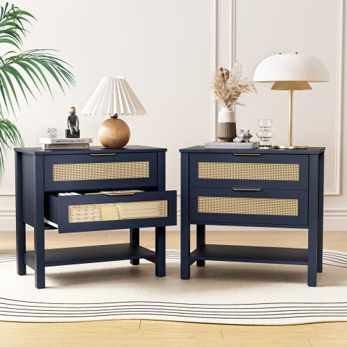 Boho Rattan Nightstand with 2 Drawers & Open Shelf