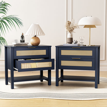 Boho Rattan Nightstand with 2 Drawers & Open Shelf