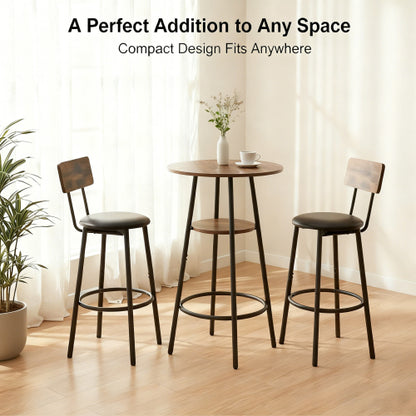 3 Pieces Round Bar Table and Chairs Set, Small Dining Table for 2 with 2-Tier Storage & 2 PU Upholstered Bar Stools for Kitchen, Dining Room, Living Room, Bar, Cafe, Small Space Corner, Rustic Brown