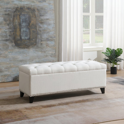 47.5inch  Storage Ottoman, Storage Bench with Safety Close Hinge, Linen Button-Tufted Ottoman for Living Room, Entryway, Hallway, Foot Rest, Support 500lbs - Beige