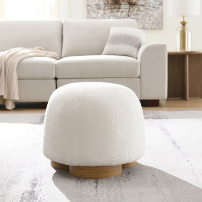 20 inch White Teddy Boucle Round Ottoman, Fully Assembled Petal Shape Footstool, 300 LBS for Bedroom Entryway