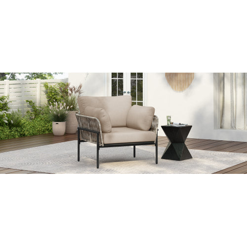 36" Beige Iron Lounge Chair with Rope Weave Design and Plush Cushions, Perfect for Indoor and Outdoor Relaxation